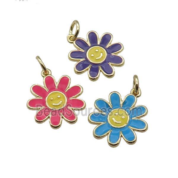 copper daisy flower pendant with enamel, happyface, gold plated, mixed