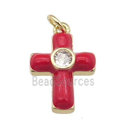 copper Cross pendant pave zircon with red enamel, gold plated