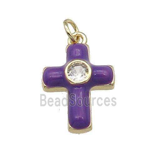 copper Cross pendant pave zircon with purple enamel, gold plated