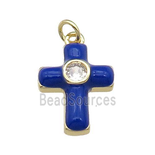 copper Cross pendant pave zircon with blue enamel, gold plated