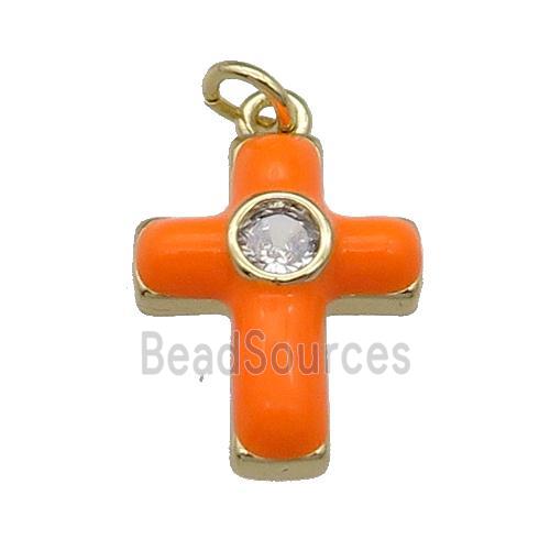 copper Cross pendant pave zircon with orange enamel, gold plated