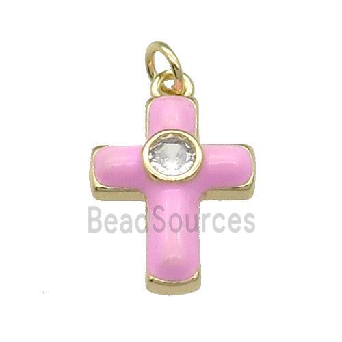 copper Cross pendant pave zircon with pink enamel, gold plated