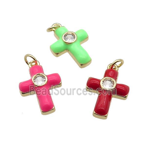 copper Cross pendant pave zircon with enamel, gold plated, mixed