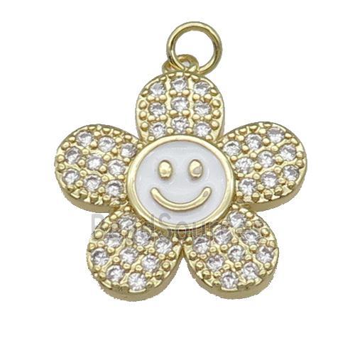 copper sunflower pendant pave zircon with white enamel, happyface, gold plated