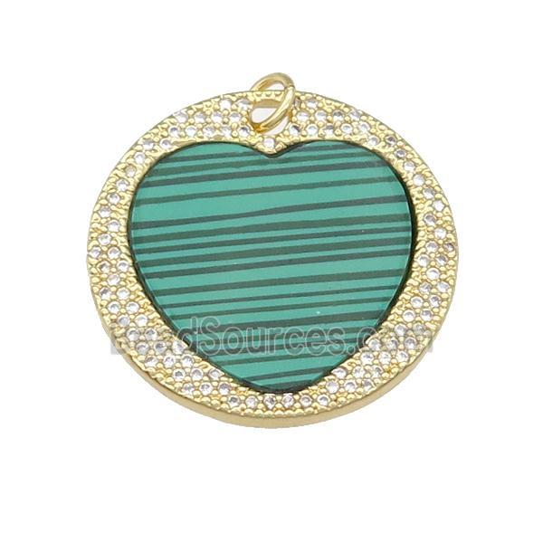 copper circle Heart pendant paved Malachite, zircon, gold plated