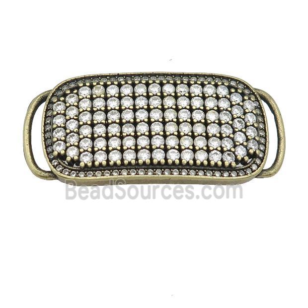 copper rectangle connector pave zircon, antique bronze