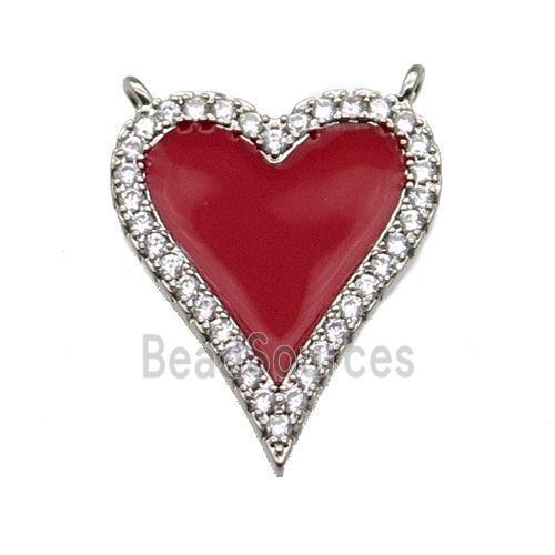 copper Heart pendant pave zircon with red enamel, platinum plated