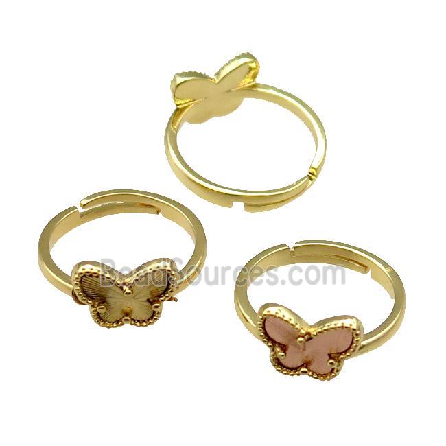 copper Butterfly Ring, adjustable, gold plated, mix