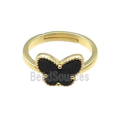 copper Butterfly Ring pave black shell, adjustable, gold plated