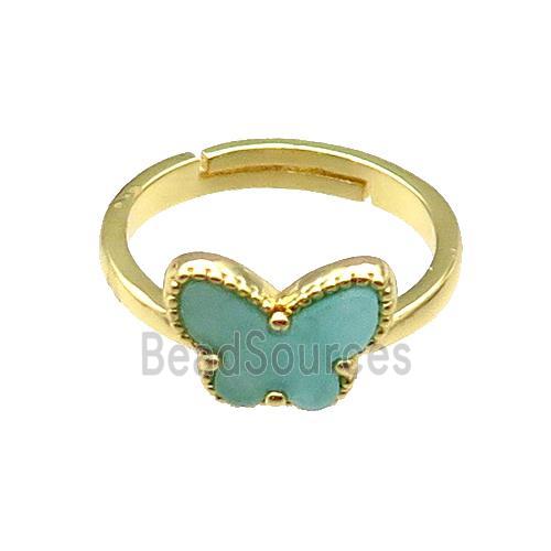 copper Butterfly Ring pave green shell, adjustable, gold plated