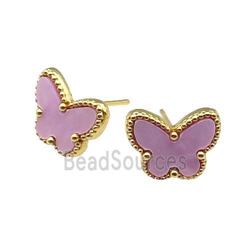 copper Butterfly Stud Earring pave lavender shell, gold plated