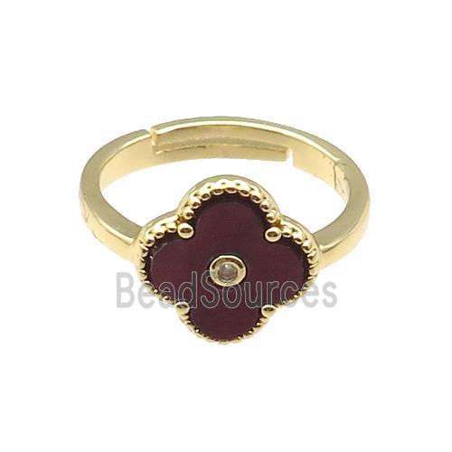 copper Clover Ring pave darkred shell, gold plated