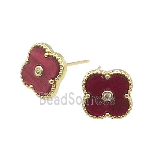 copper Colover Stud Earring pave red shell, gold plated