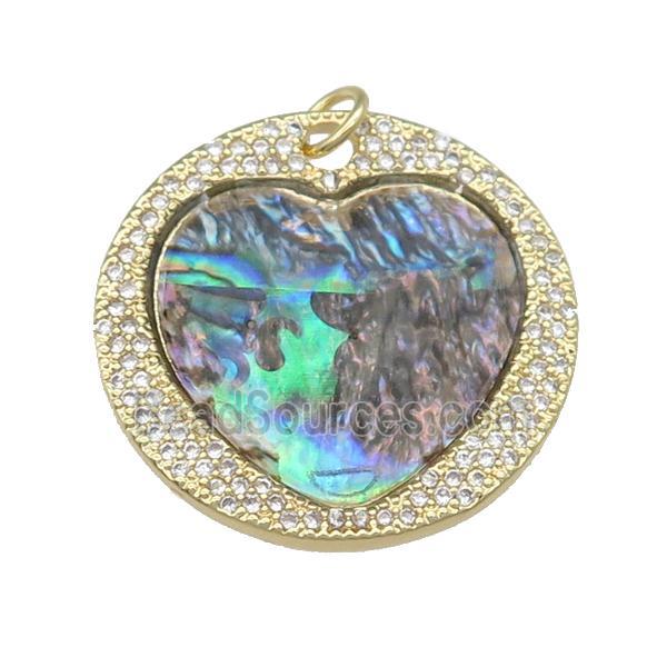 copper circle Heart pendant pave abalone shell, zircon, gold plated