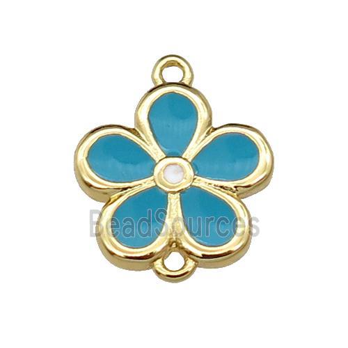 copper flower connector with teal enamel, gold plated