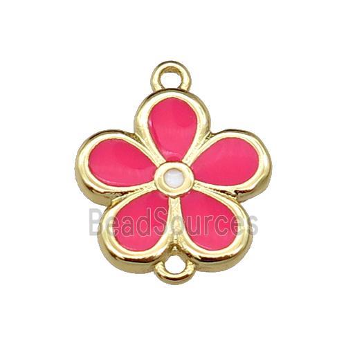 copper flower connector with hotpink enamel, gold plated