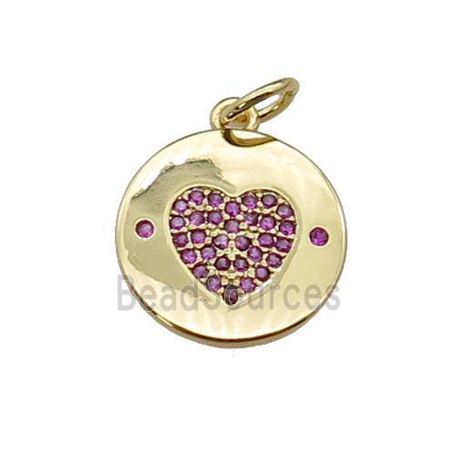 copper circle Heart pendant paved hotpink zircon, gold plated