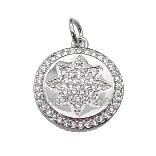 copper circle star pendant pave zircon, platinum plated