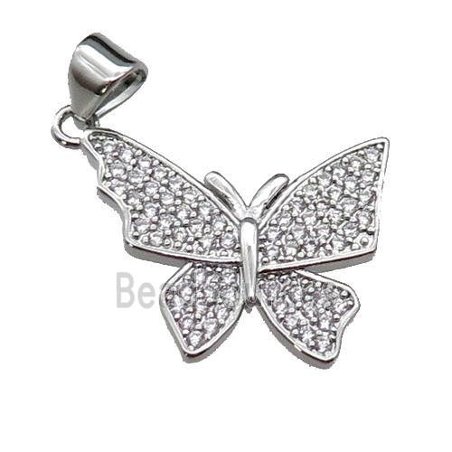 copper Butterfly pendant pave zircon, platinum plated