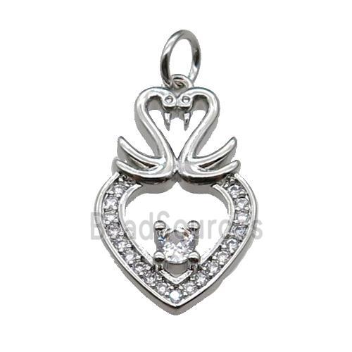 copper Heart pendant paved zircon, swan, platinum plated