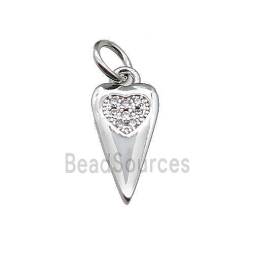 copper dart heart pendant pave zircon, platinum plated