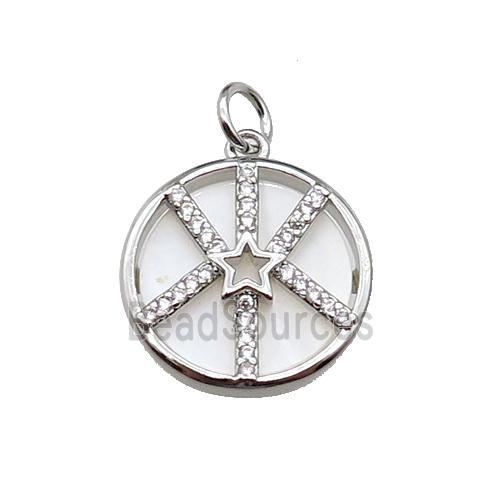 copper circle star pendant pave zircon, shell, platinum plated