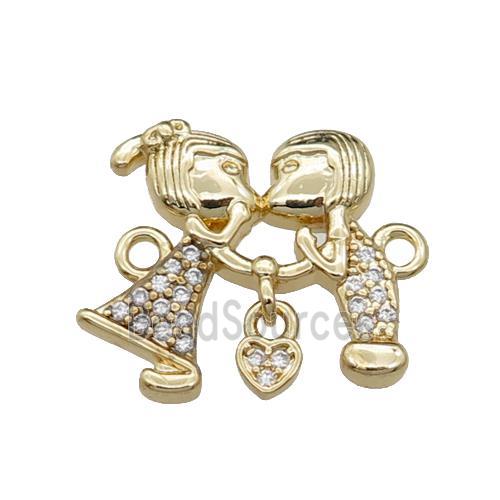 copper couple Monkey pendant pave zircon, gold plated