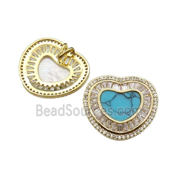 copper heart pendant pave turquoise zircon, gold plated