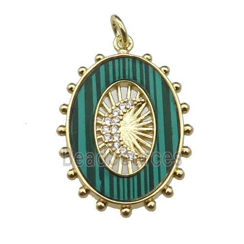 copper oval pendant pave malachite zircon, moon, gold plated