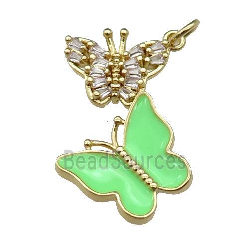 copper Butterfly pendant pave zircon, green enamel, gold plated