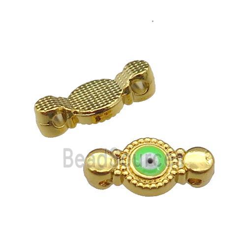 copper Evil Eye connector with green enamel, gold plated