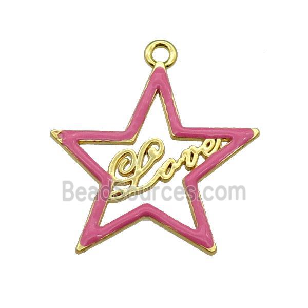 copper Star pendant with pink enamel, LOVE, gold plated