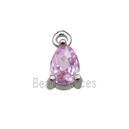 copper teardrop pendant pave pink zircon, platinum plated