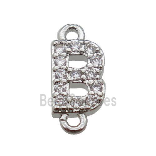 copper letter-B connector pave zircon, platinum plated