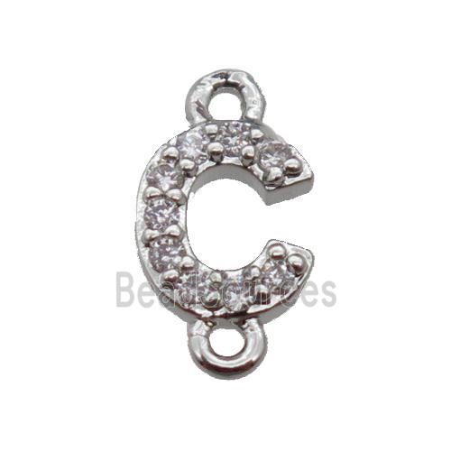 copper letter-C connector pave zircon, platinum plated