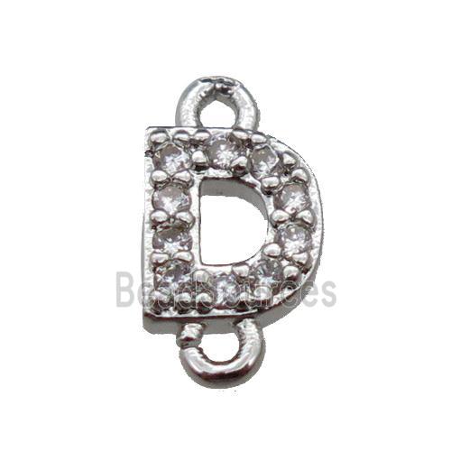 copper letter-D connector pave zircon, platinum plated