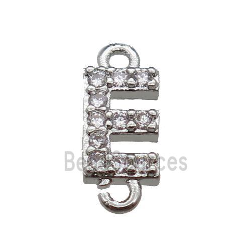 copper letter-E connector pave zircon, platinum plated