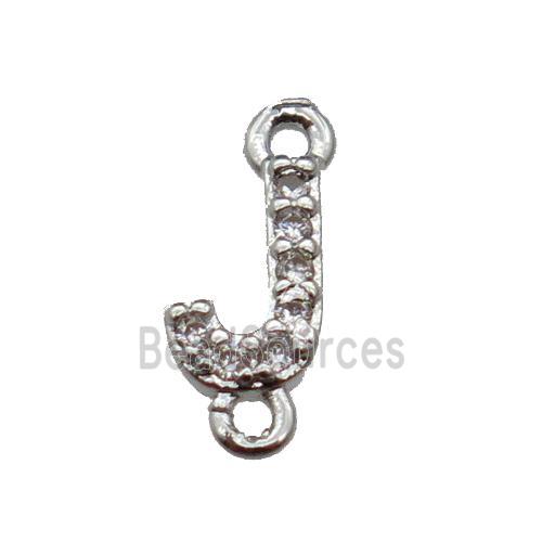 copper letter-J connector pave zircon, platinum plated