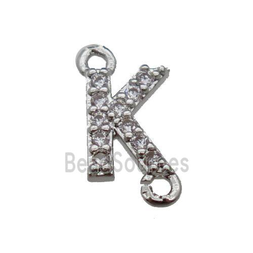 copper letter-K connector pave zircon, platinum plated