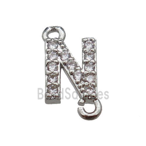 copper letter-N connector pave zircon, platinum plated