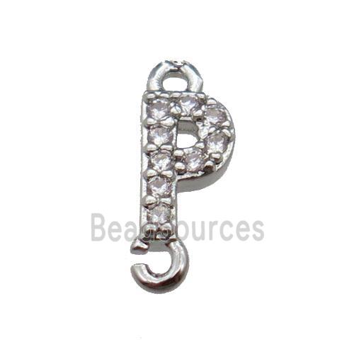 copper letter-P connector pave zircon, platinum plated