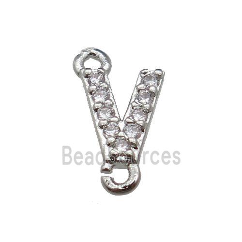 copper letter-V connector pave zircon, platinum plated