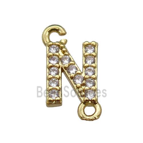 copper letter-N connector pave zircon, gold plated