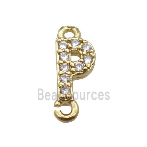 copper letter-P connector pave zircon, gold plated