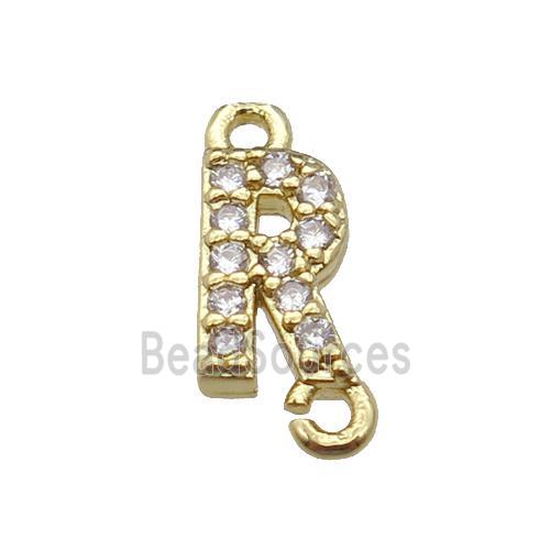 copper letter-R connector pave zircon, gold plated