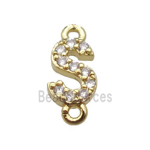 copper letter-S connector pave zircon, gold plated