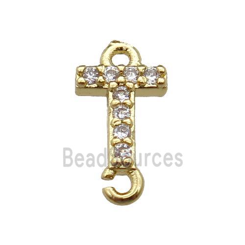 copper letter-T connector pave zircon, gold plated