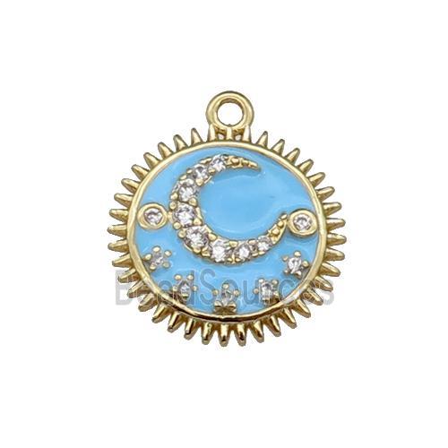 copper Sun moon pendant pave zircon, blue enamel, gold plated