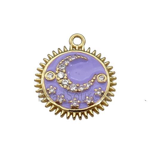 copper Sun moon pendant pave zircon, lavender enamel, gold plated