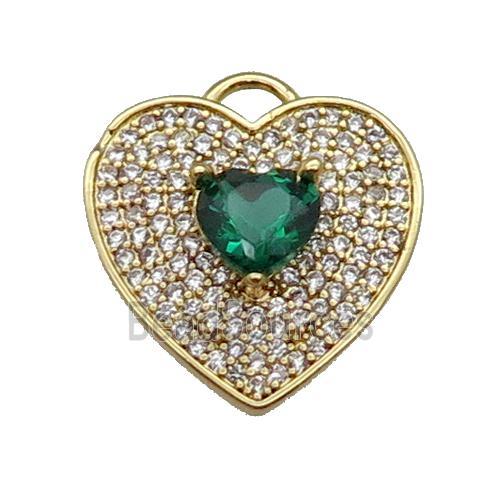 copper Heart pendant pave zircon, green, gold plated